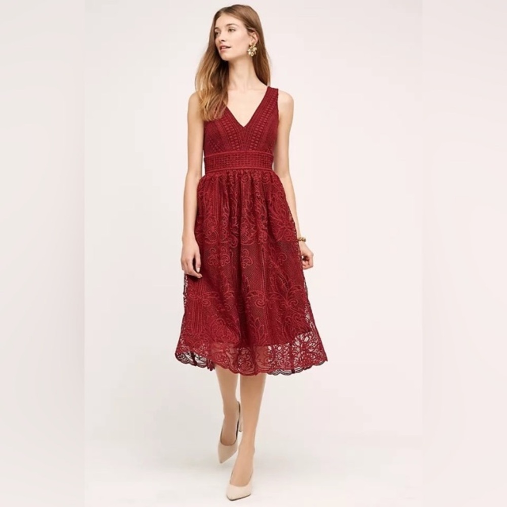 Anthropologie / HD in Paris Dentelle Lace Midi Dress in Burgundy